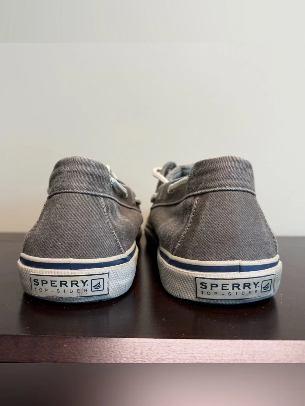 Sperry Taupe Canvas 2-Eye Boat Shoes with Blue Insole